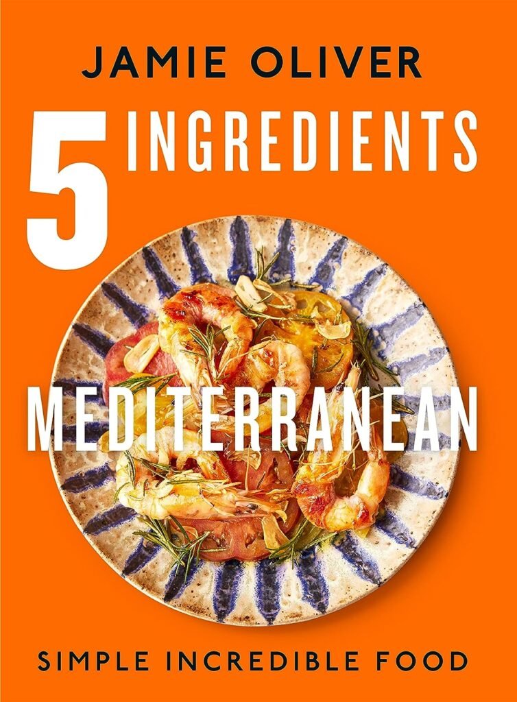 Jamie Oliver's '5 Ingredients Mediterranean' cookbook cover, showcasing the promise of simple yet incredible Mediterranean cuisine.