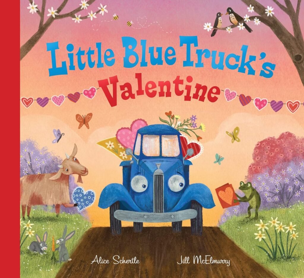 "Illustration of Little Blue Truck delivering Valentine's Day cards to his animal friends, from 'Little Blue Truck's Valentine' by Alice Schertle and Jill McElmurry