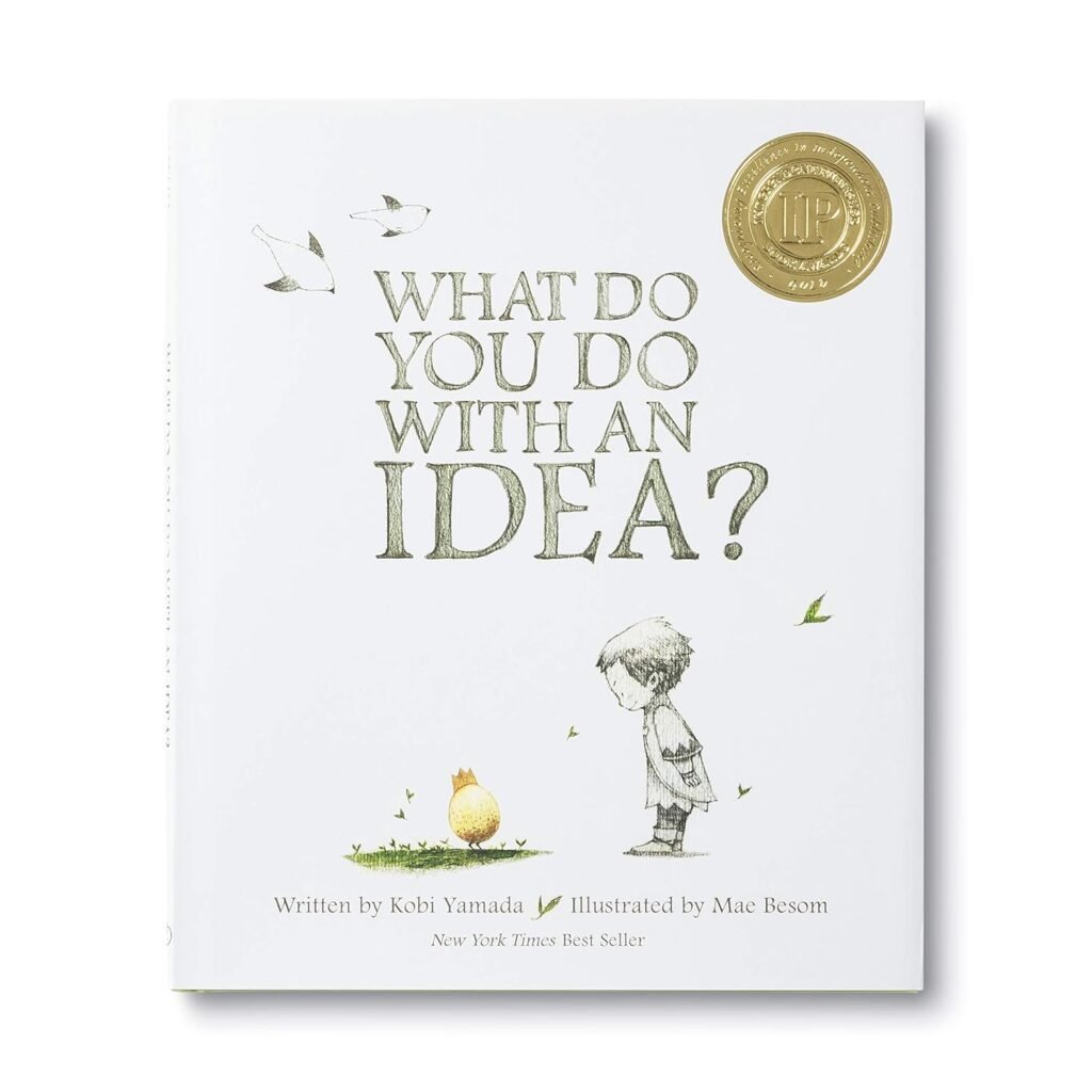Illustration from 'What Do You Do With an Idea?' showing a child holding a golden egg, symbolizing the nurturing of an idea.