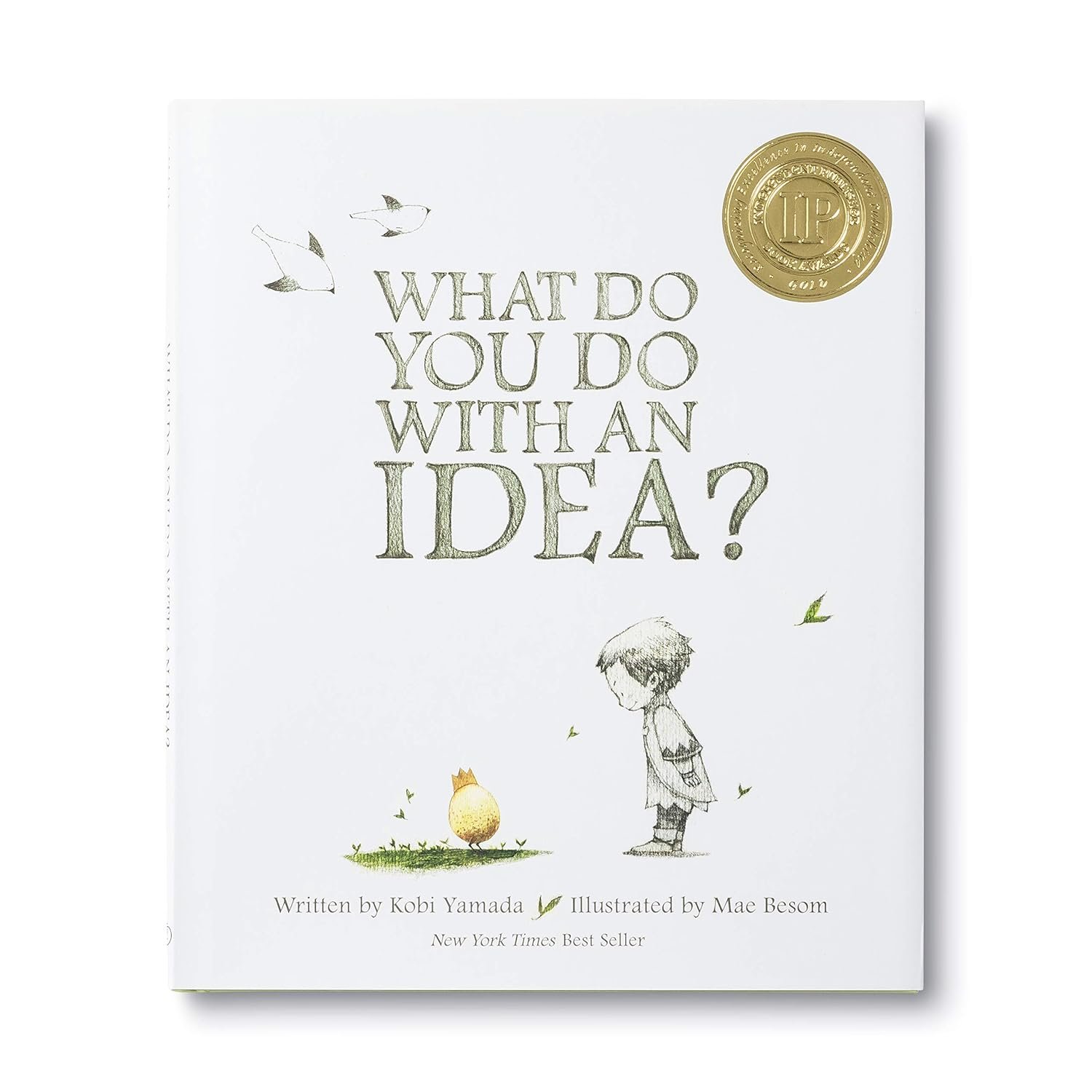 Illustration from 'What Do You Do With an Idea?' showing a child holding a golden egg, symbolizing the nurturing of an idea.