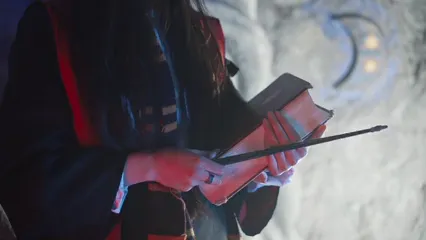 Horizontal video: Woman posing with book and wand 8115884. Duration: 18 seconds. Resolution: 1920x1080