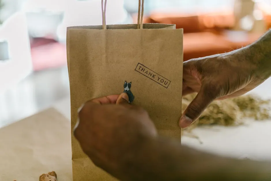 Close-up of hands holding a thank you paper bag, symbolizing gratitude and small business packaging.