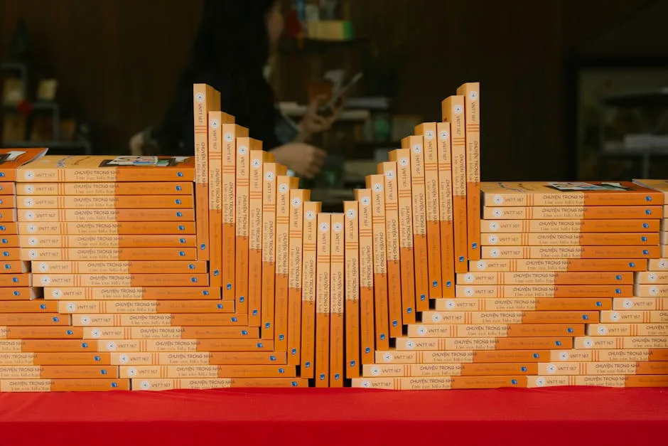 A stack of books on a red table