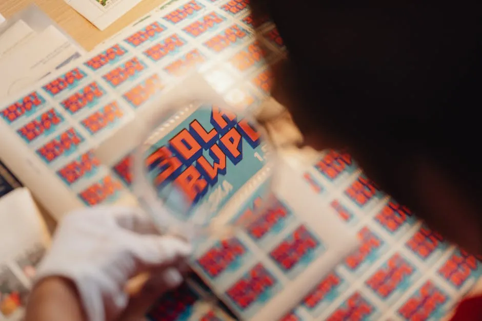 Focused view of stamps through a magnifying glass, emphasizing intricate details.