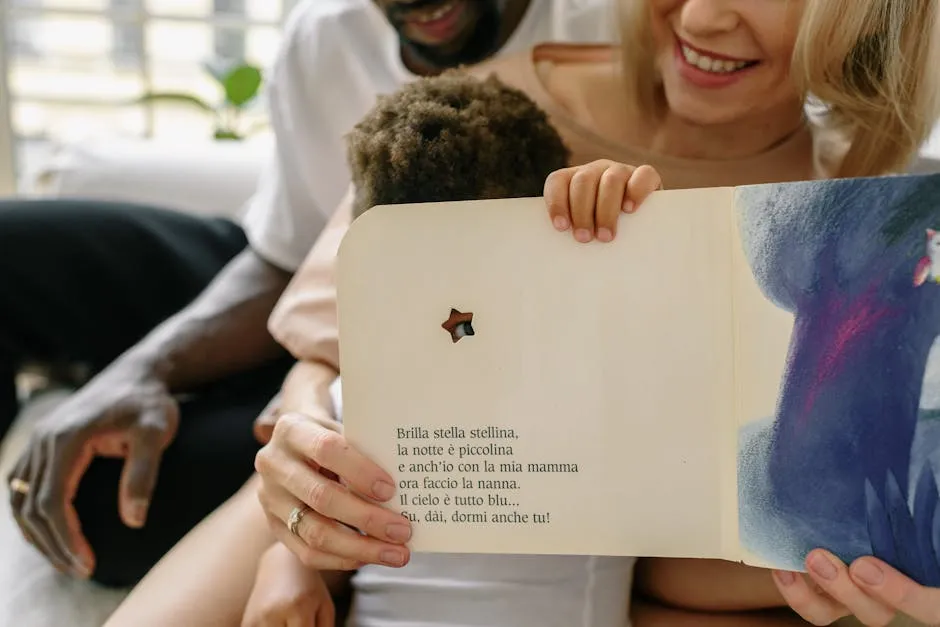 A joyful family reading a children's storybook together indoors, showcasing affection and warmth.