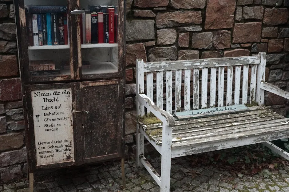 Rustic Reading Nook with Vintage Bench and Bookshelf