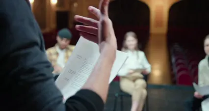 Horizontal video: The director supervising the actors dialogue rehearsals 6896043. Duration: 34 seconds. Resolution: 4096x2160